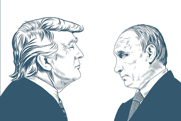 A drawing of Trump and Putin facing each other.