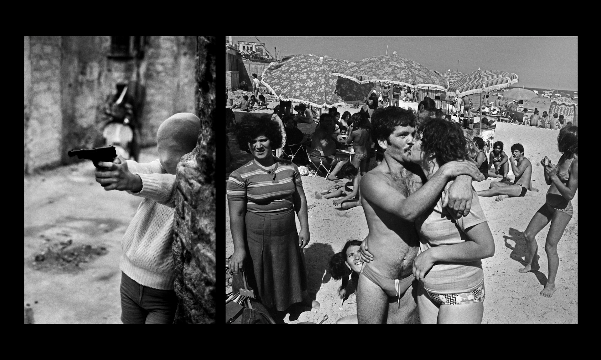 A boy with a stocking on his head plays with a toy gun and people kiss on a crowded beach.