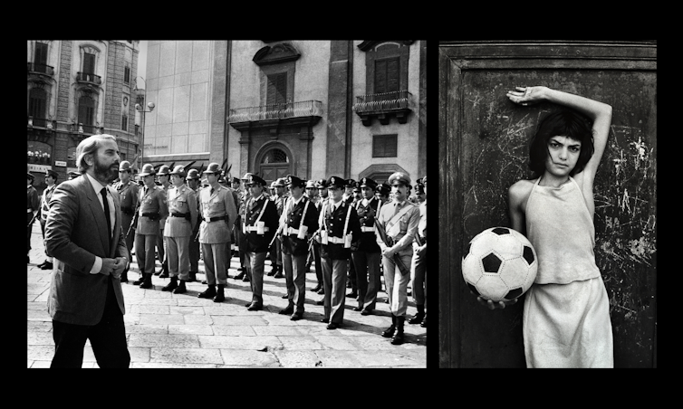Letizia Battaglia’s footage captured actual Sicilian lifestyles right through the heightened mafia violence of the Eighties and 90s 2 A girl poses with her arm above her head and football in her hand and a man walks past a line of men in uniform.