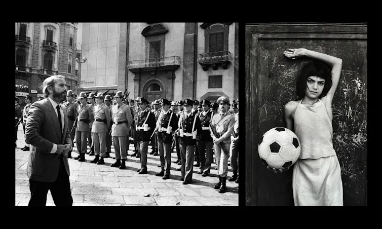 A girl poses with her arm above her head and football in her hand and a man walks past a line of men in uniform.