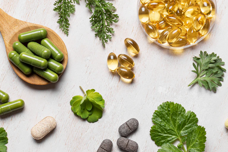 An array of herbs and nutritional supplements, and two wooden spoons.