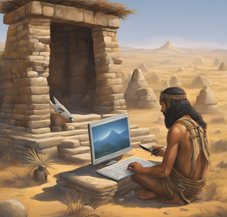AI generated image showing in human ancestor sitting in front of a computer.