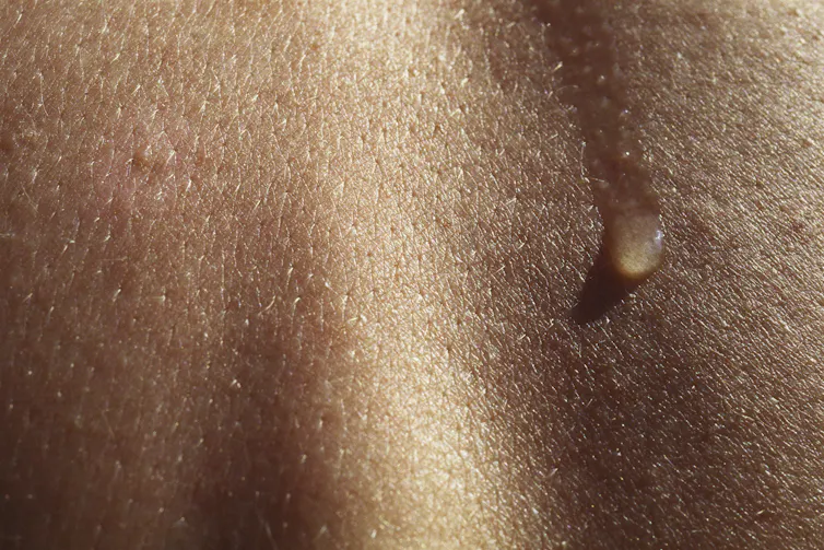 Close-up of skin, a water droplet sliding down