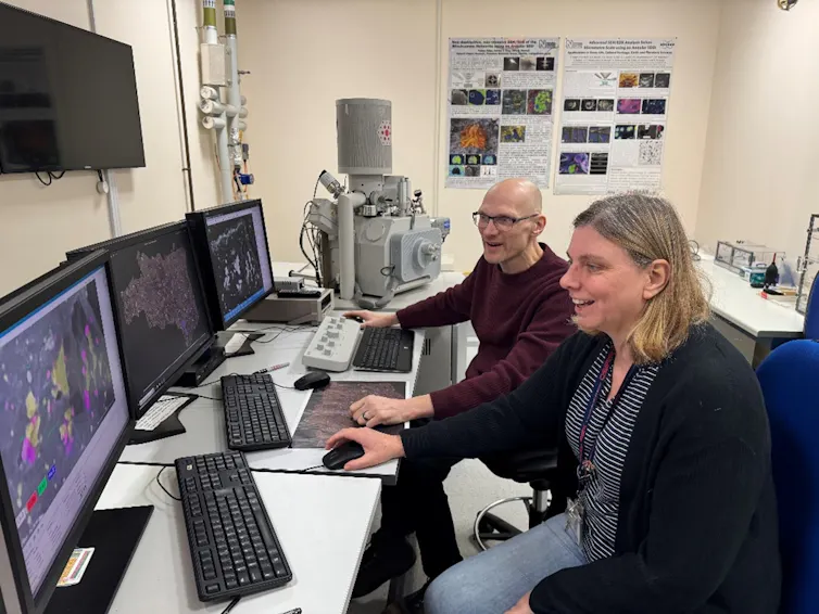 Two scientists looking at computer screens in a laboratory.