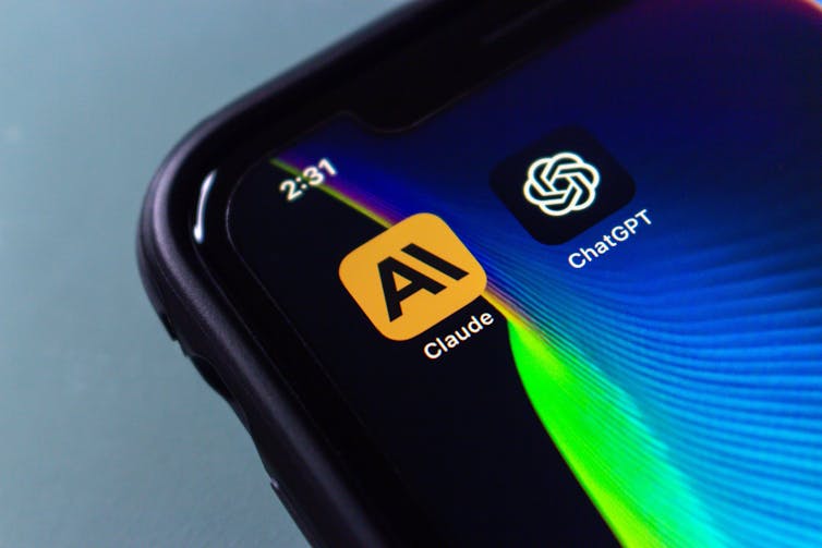 a phone screen showing app logos for Claude and ChatGPT