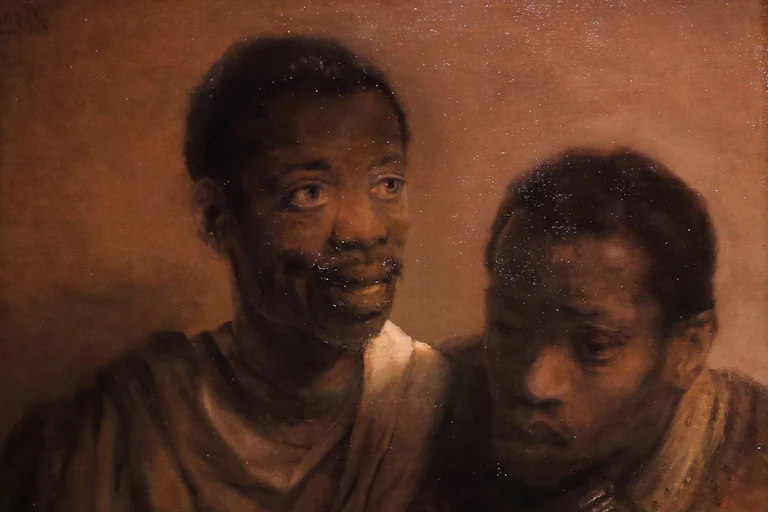 An oil painting showing two figures, both African men in basic European clothing. The one man has his mouth open as if speaking, the other huddles close to him looking crestfallen.