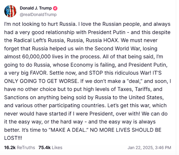 Cut out of Donald trump truth social post about Russia and Ukraine