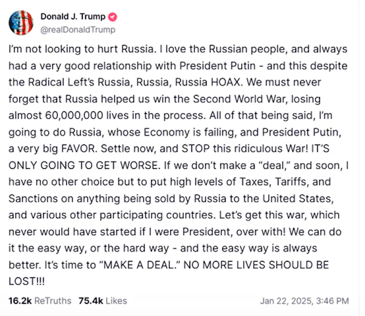 Cut out of Donald trump truth social post about Russia and Ukraine