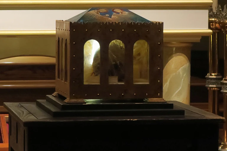 An ornate box with arched, see-through panels holds a dusty skull inside.