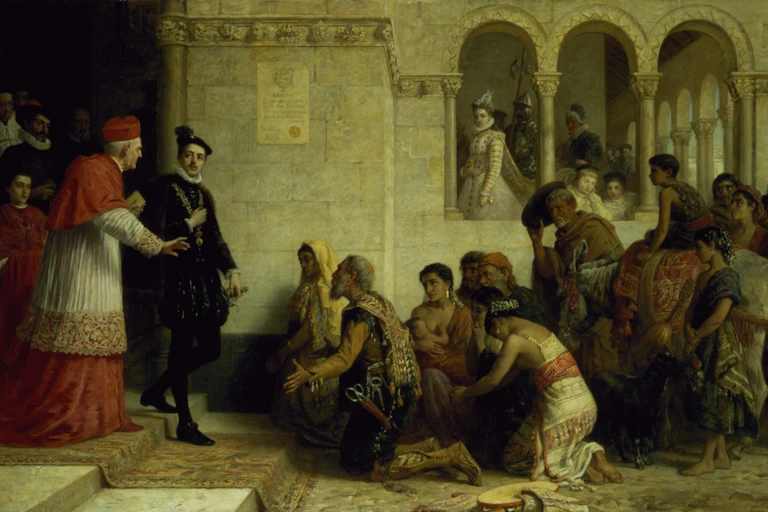 Cuadro con un cardenar hablando con un noble mientras ante ellos se arrodilla un grupo de gitanos.