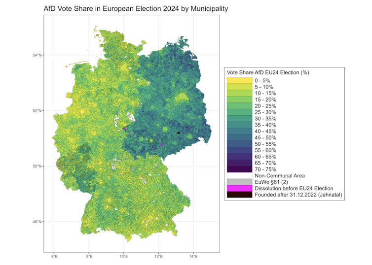 A map showing that support for the AfD is massively concentrated in the east of Germany and in other rural areas.