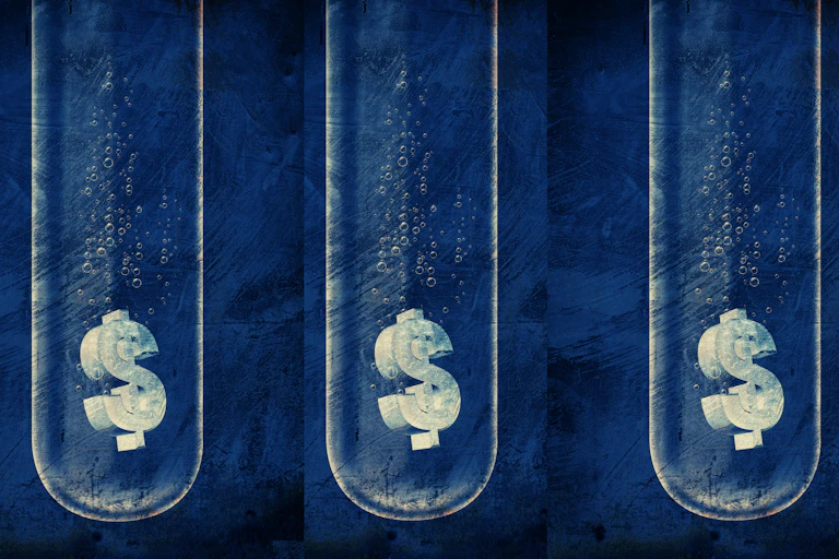 Illustration of dollar symbol floating at bottom of a test tube