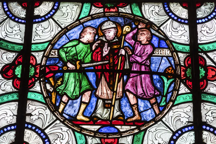 A painting depicts three men: one inserting a sword into the man in the middle, while the third, standing to the side, appears to strike with his sword.