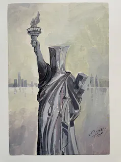 An image of the Statue of Liberty with a hood over her head.