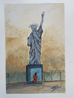 A painting of the Statue of liberty with a caged person in orange at the base.
