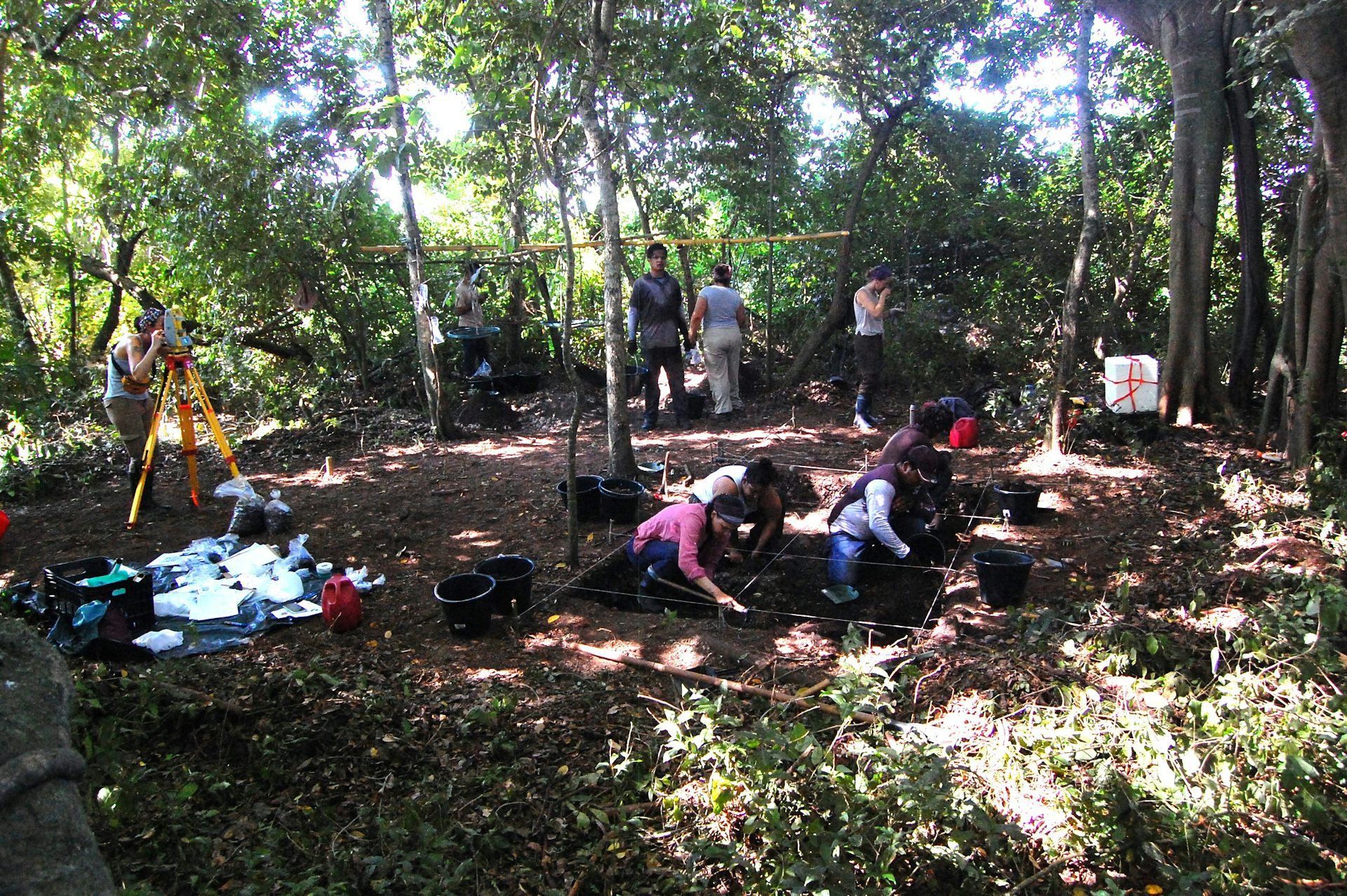Foto mostra uma clareira na mata onde homens trabalham num buraco na terra, feito para a escava&ccedil;&atilde;o arqueol&oacute;gica