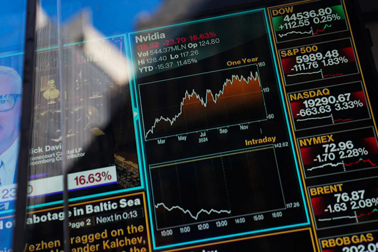 Stock market board showing falling stocks