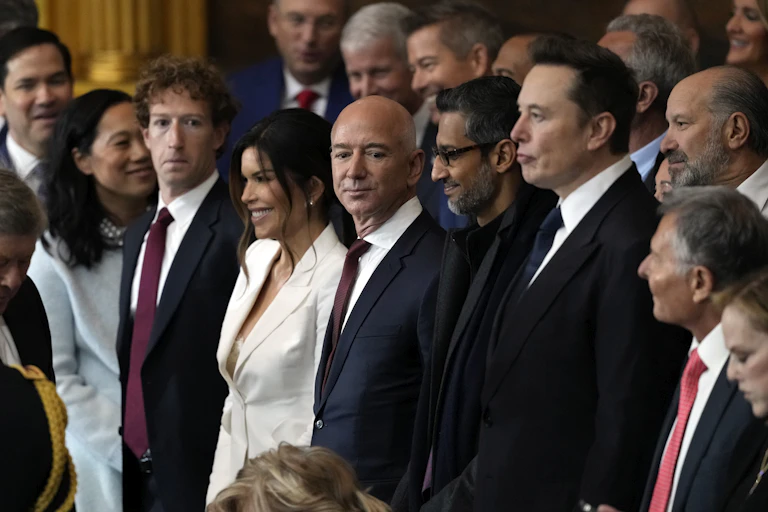 Mark Zuckerberg, Lauren Sanchez, Jeff Bezos, Sundar Pichai and Elon Musk at the inauguration of Donald J. Trump.
