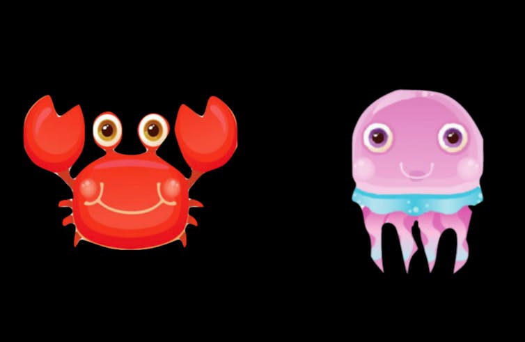 Cartoon image of a red crab and a pink jellyfish against a black background.