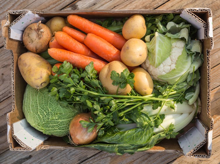 A veggie box is shot from above.