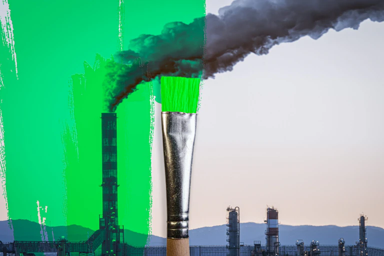 An image of a smokestack belching smoke at an industrial site lies behind a paintbrush dipped in bright breen that has painted over half the image.