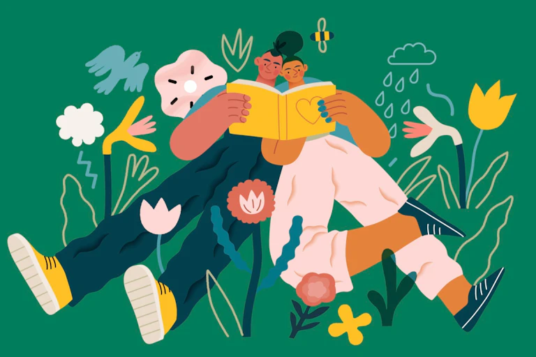 Illustration of two people reading together while lying in a park.