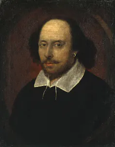Shakespeare in a painting from the 17th century. He wears a white collar and an earring.