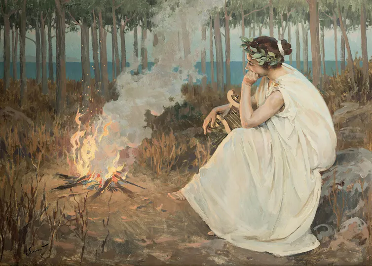 Painting of Sappho sat by a fire, in a woodland clearing. She holds a harp and looks forlorn
