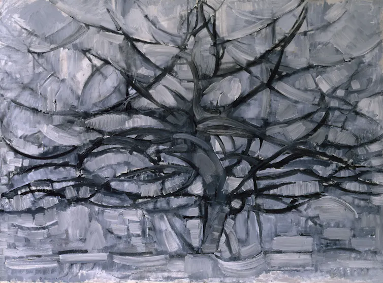 A tree using only dark lines on a gray background.