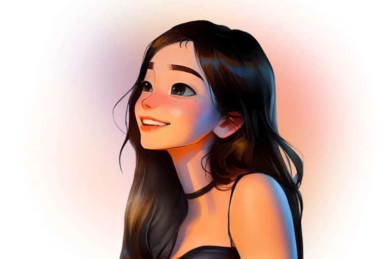 A drawn figure of a young girl with long hair and big eyes