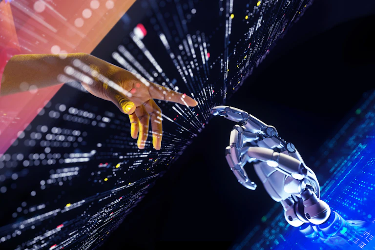 a human hand and robot hand point index fingers at each other with a plain of lights between them