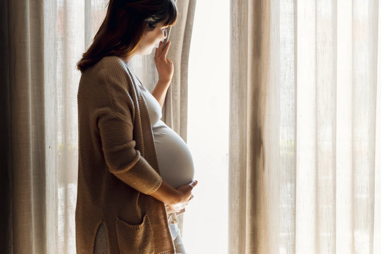 A pregnant woman looking out a window.