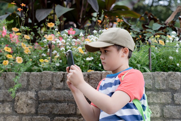A young boy takes a photo using a phone. There are flowers behind him.