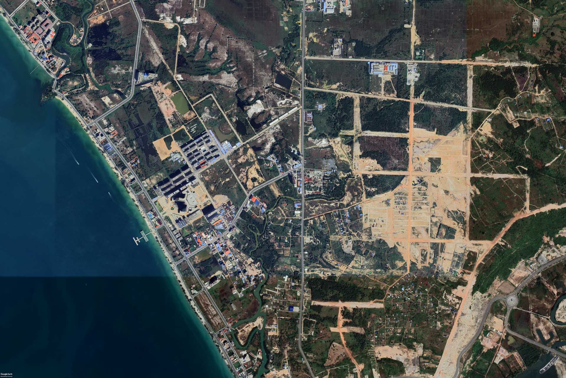 Satellite images from 2016 and 2021 of a massive development zone outside Sihanoukville.