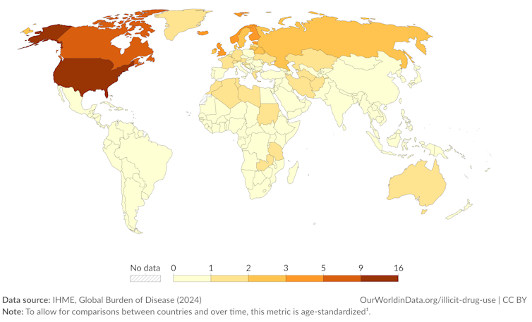 World map showing death rates from opioid use.