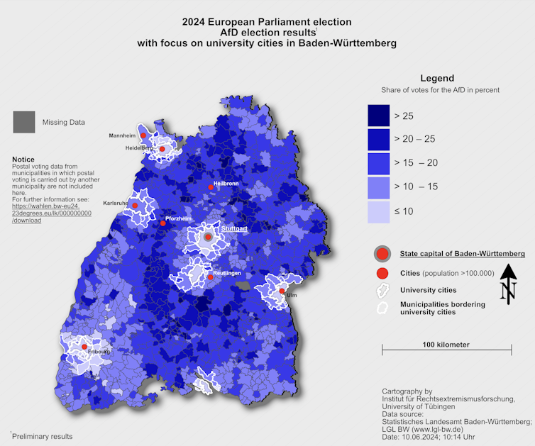 A map showing where support for the AfD is highest and lowest, with university cities highlighted to show how low support is in those areas.