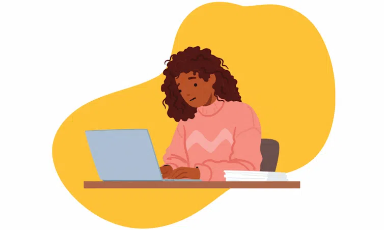 A gif showing a cartoon illustration of woman working at her laptop as various icons and symbols flash around her