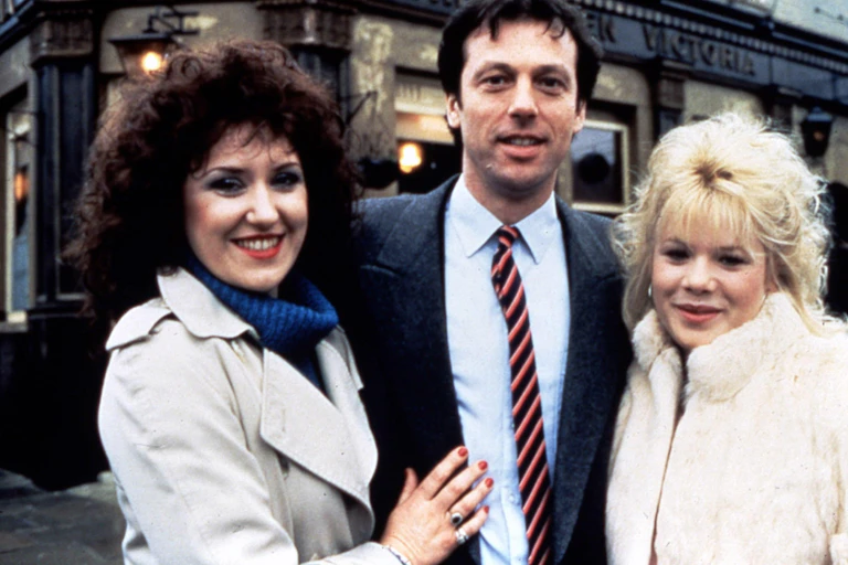 Anita Dobson, Leslie Grantham and Letitia Dean on the set of Eastenders.