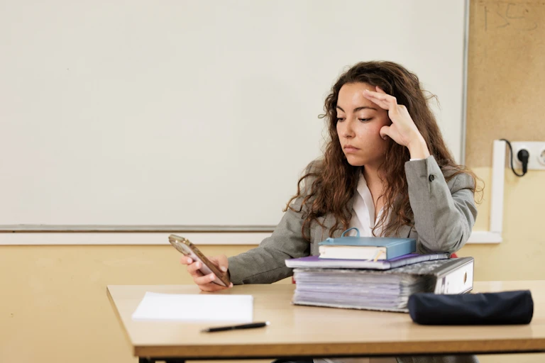 Enseignante à son bureau dans une classe de lycée