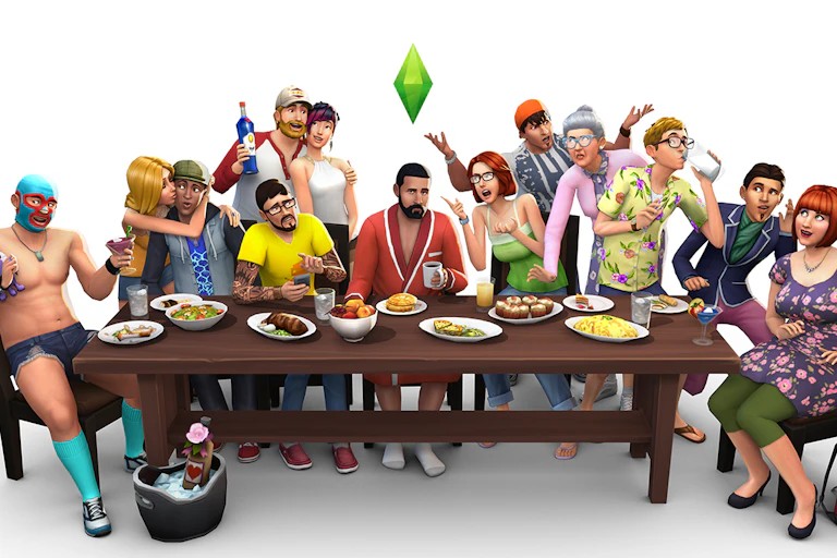 Characters from The Sims 4 sit round a dinner table