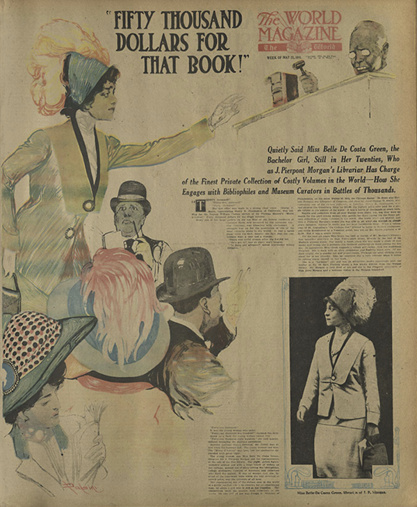 Newspaper clipping featuring drawing and photograph of extravagently dressed young woman.