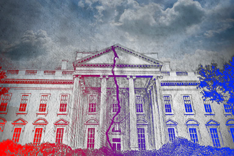 A painting of the White House split down the middle, with red and blue on opposite sides.
