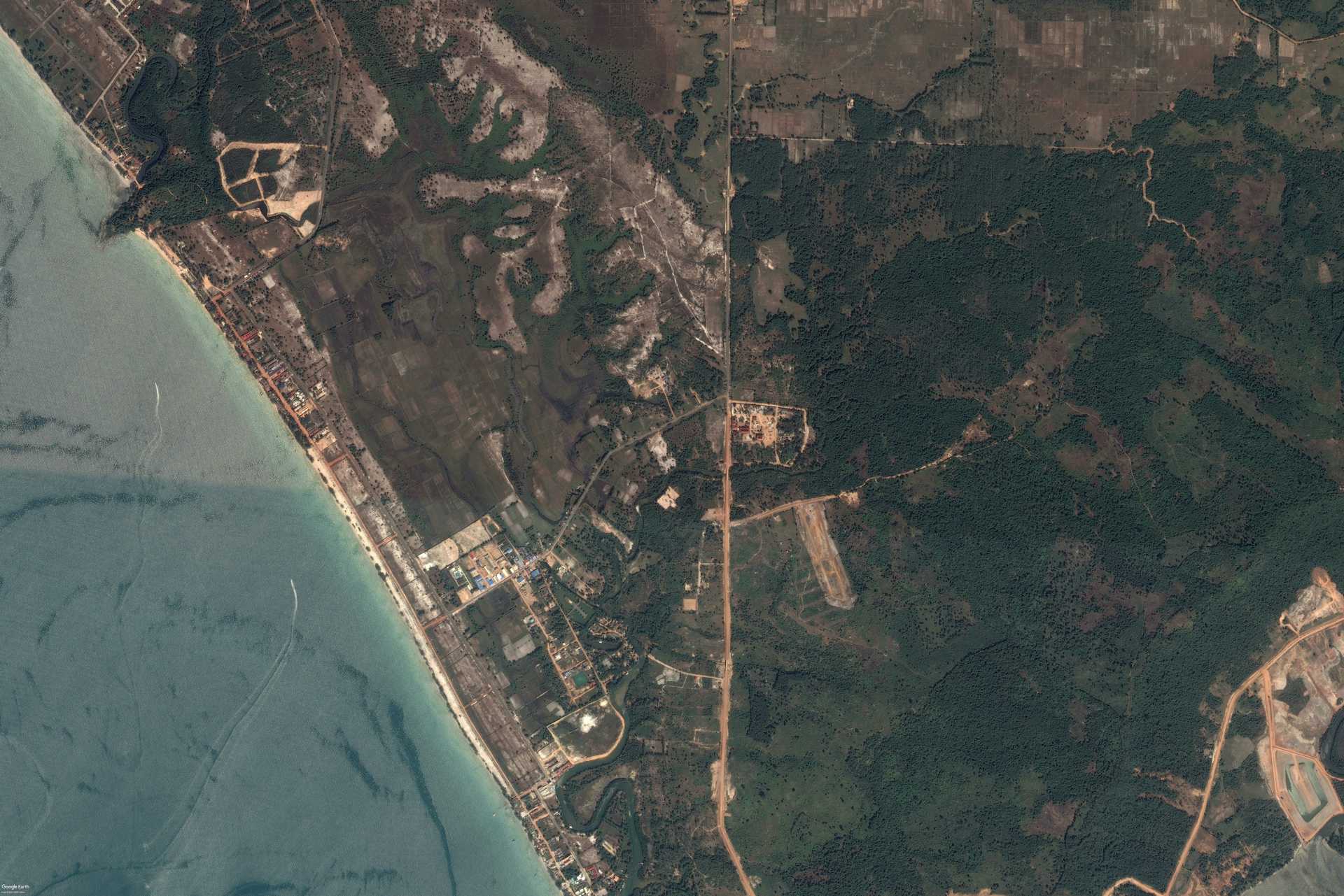 Satellite images from 2016 and 2021 of a massive development zone outside Sihanoukville.