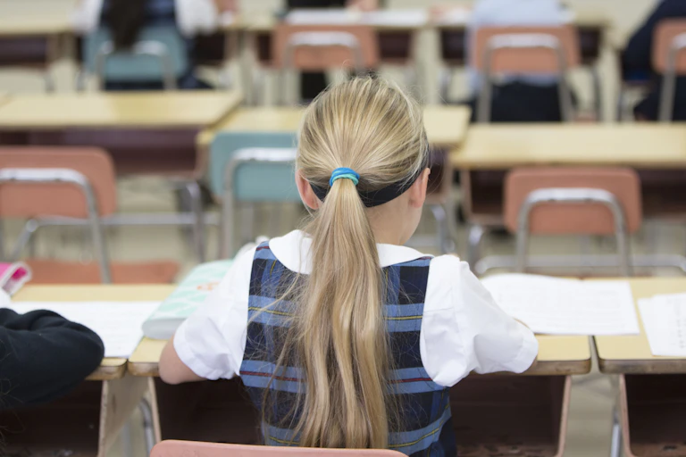 A girl with long blond hair does schoolwork at a desk, wearing a plaid blue jumper.