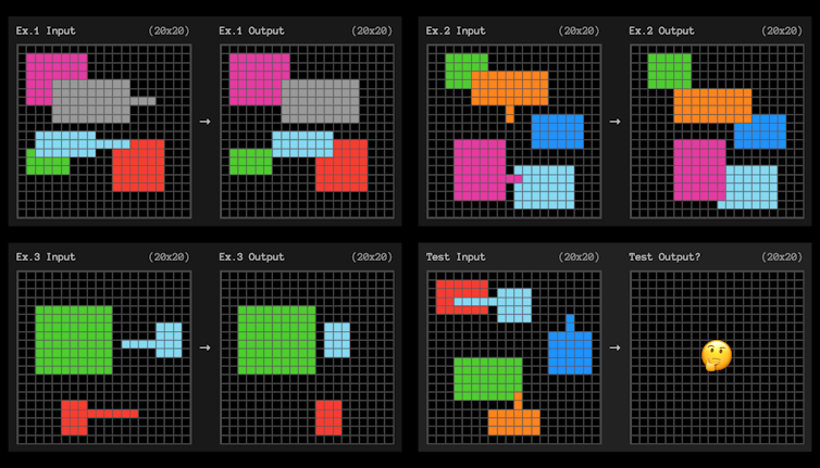 Several pairs of grids showing patterns of coloured squares.