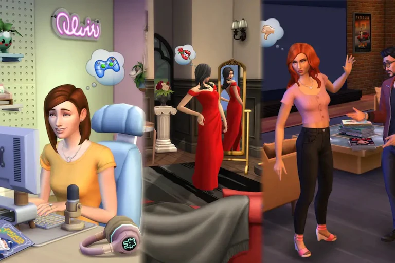 Sims engaging in gaming, romance and an argument