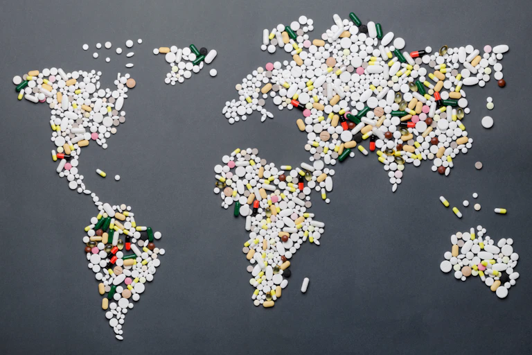 World map created out of assorted pills.