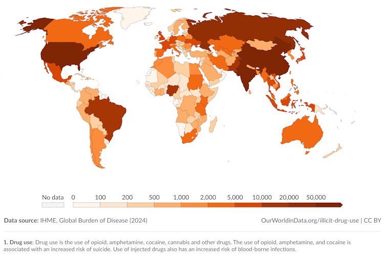 World map of deaths attributed to illicit drug use.