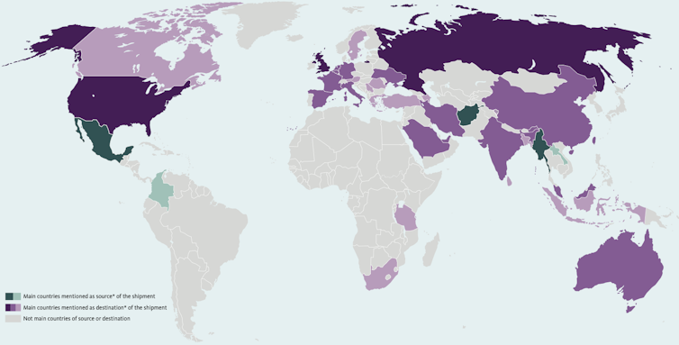 Global map of intermediate and final recipient countries of heroin shipments based on reported seizures.
