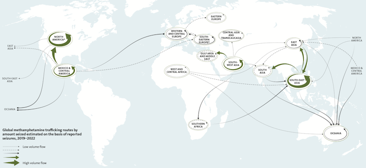 Global map of main methamphetamine trafficking flows based on reported seizures.
